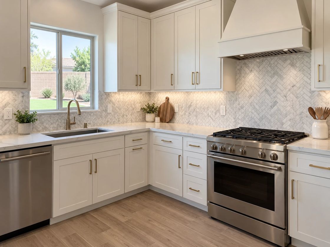A white kitchen with a white and grey marble herringbone tile backsplash from the countertop to the cabinets and up to the range hood