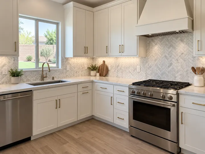A white kitchen with a white and grey marble herringbone tile backsplash