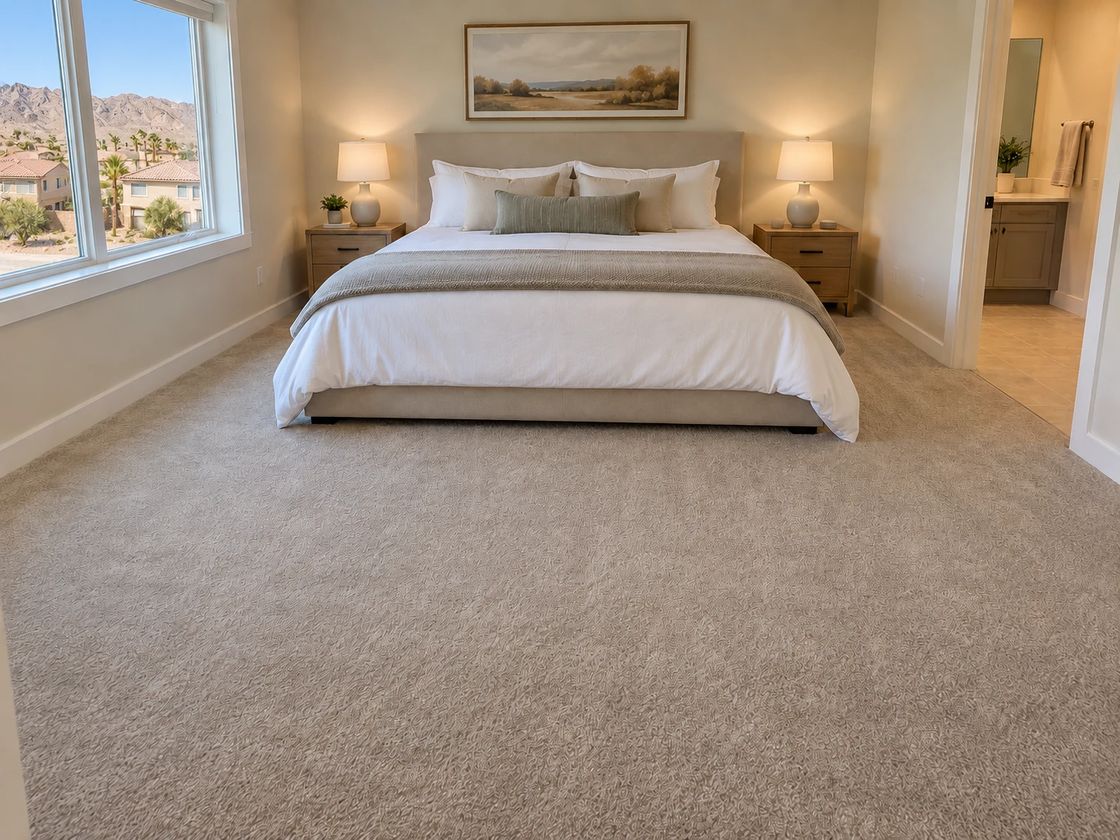 A bedroom with new beige wall-to-wall carpet, a made bed, nightstands and lamps