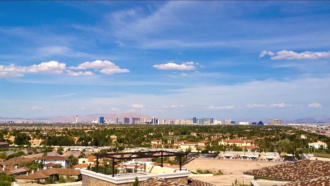 Las Vegas skyline seen over Spring Valley rooftops