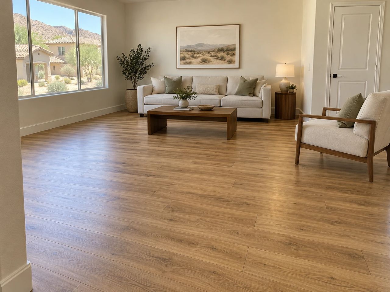 A living room with medium oak laminate plank flooring, a white sofa, a wood coffee table and an armchair