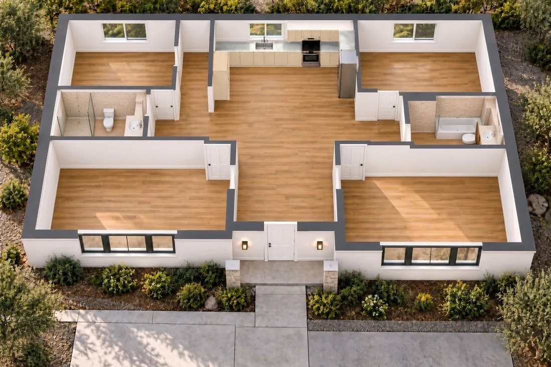 Aerial cutaway of a single-story home with light wood-look luxury vinyl plank flooring running through the living area, kitchen, both bathrooms and all four bedrooms