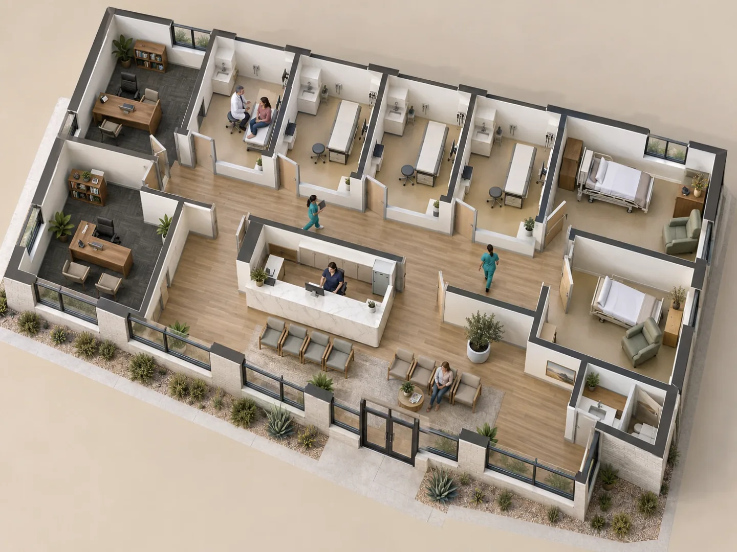 Cutaway view of a single-storey medical office with its flooring installed and the building in use: wood-look LVT in the reception, waiting room and corridor; sheet vinyl in the exam and patient rooms; carpet tile in the private offices; furniture, staff and patients in every area. Illustration, not a specific project.