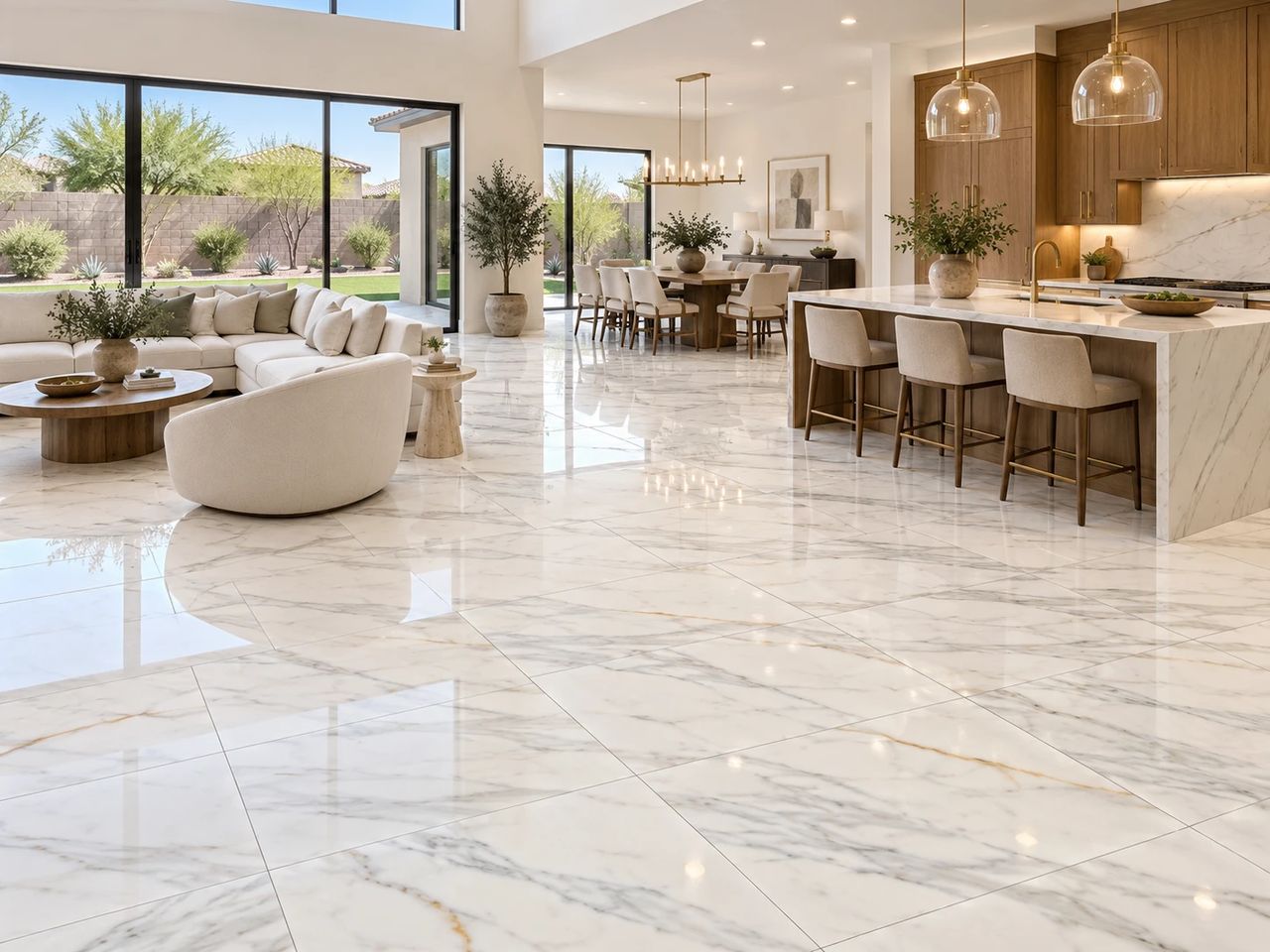 Open great room with large polished white marble-look porcelain floor tiles with soft gray and gold veining