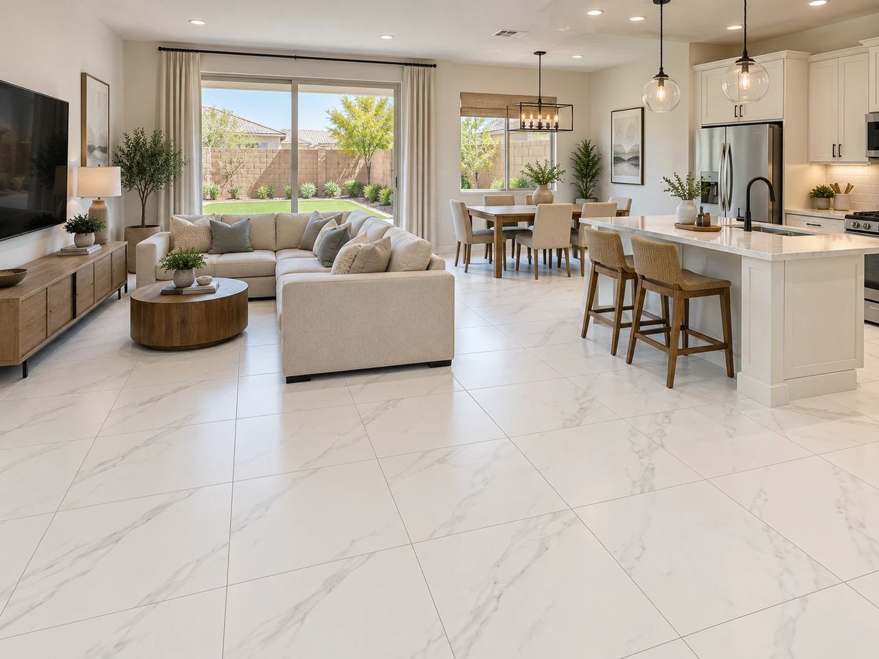 Open living, dining and kitchen space with large white marble-look porcelain floor tiles with soft gray veining