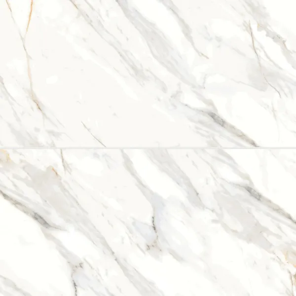 Arezzo Bianco 24x24 porcelain tile: two white tiles with bold gray veining, gold streaks and a thin grout line
