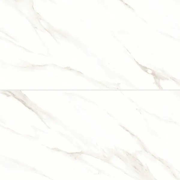 Statuario 24x24 porcelain tile: two white tiles with soft gray-beige veining and a thin grout line