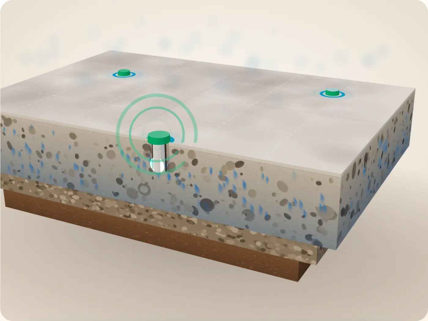 Illustrated cutaway of a concrete slab on grade: moisture vapor rising through the concrete, test locations chalked on the surface, and an in-slab relative-humidity probe installed at one location. Illustration only; no project reading is shown.