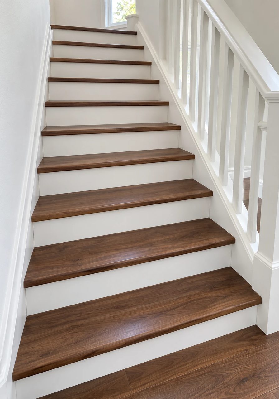 A straight staircase with walnut-tone treads, white risers and a white railing after a stair makeover