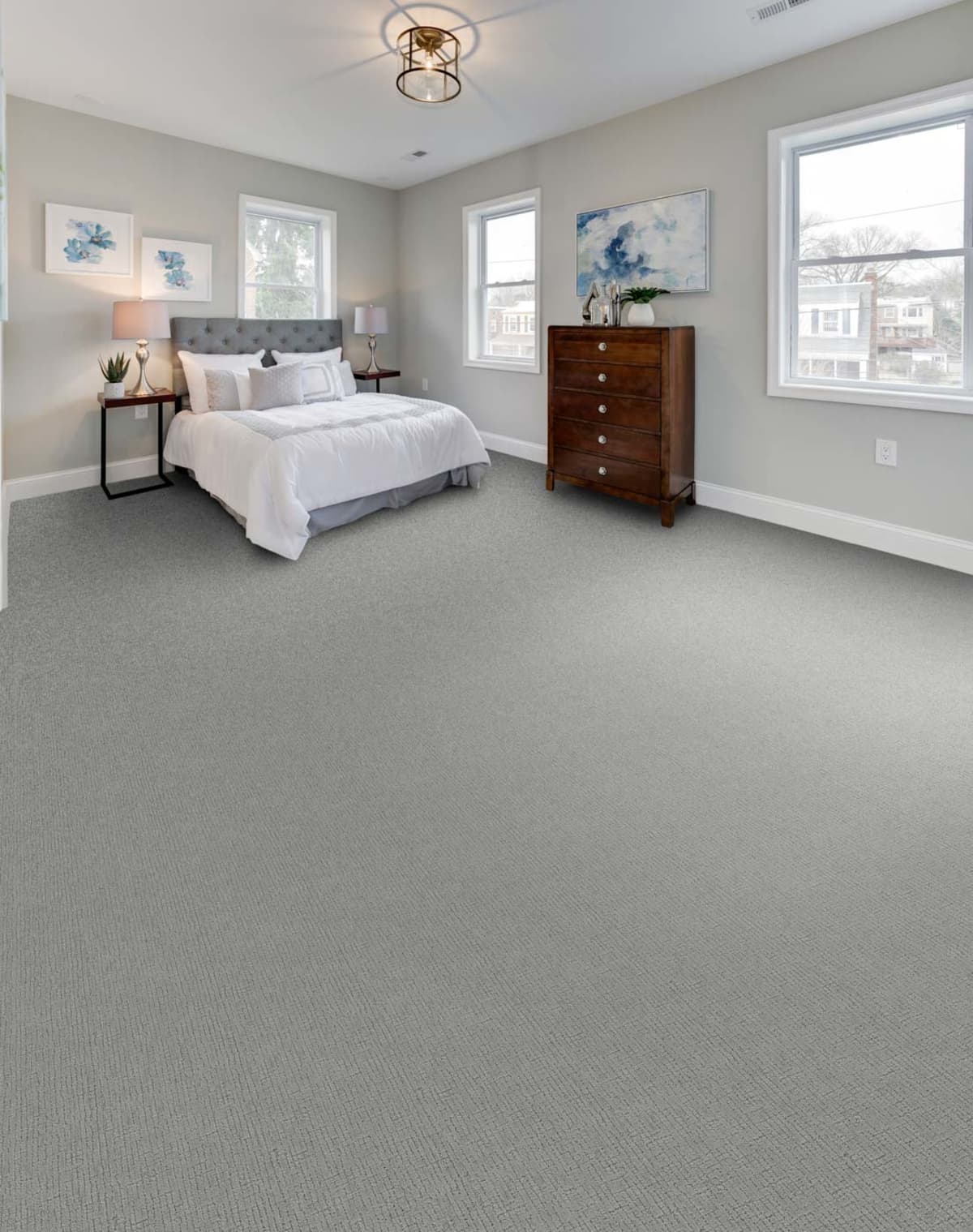 Gray carpet installed wall to wall in a bright Las Vegas bedroom