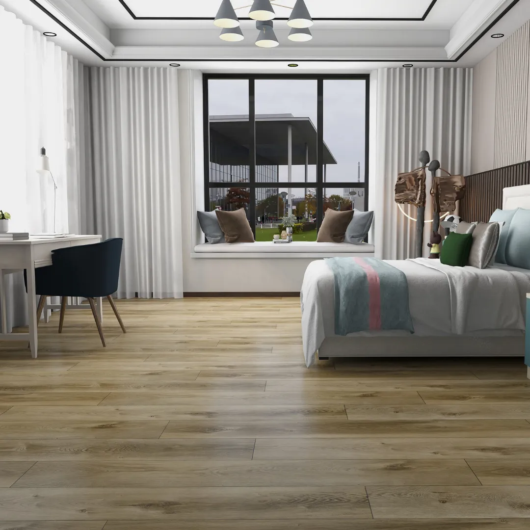 Bedroom with warm wood-look plank flooring
