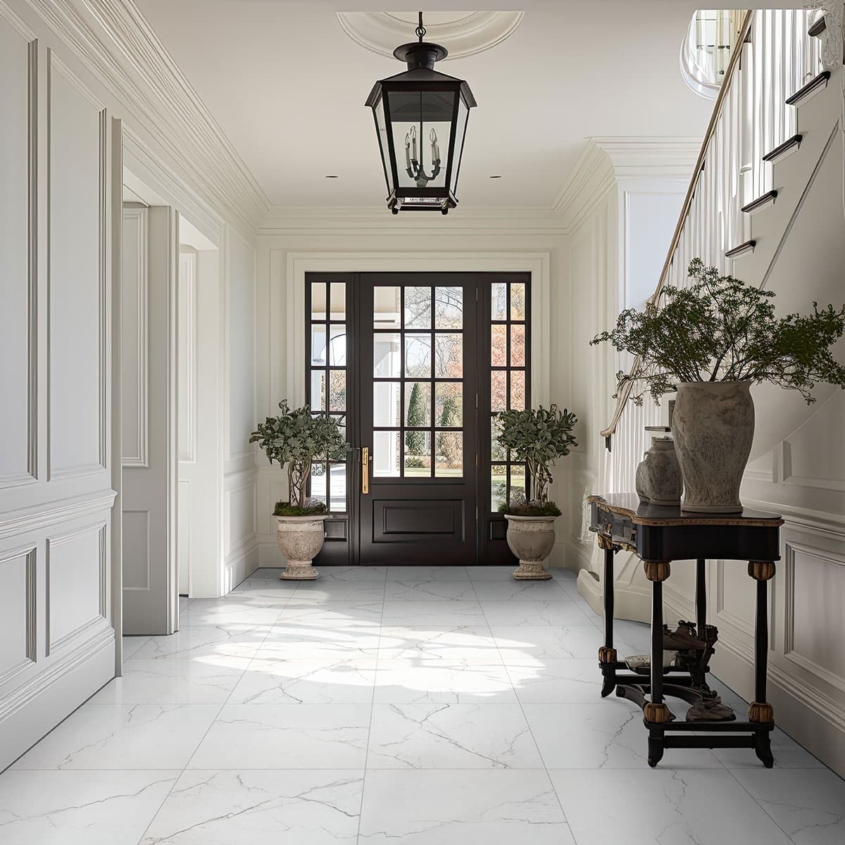 Marble-Look Tile Flooring At A Las Vegas Home Entrance, Highlighting Elegant Design Features