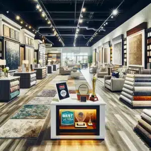 Reviews Display Inside Vegas Flooring Outlet, Showing Diverse, High-Quality Flooring Products And Awards For 'Best Of Las Vegas' Over Six Years, Underscoring The Store'S Commitment To Excellence And Customer Satisfaction.